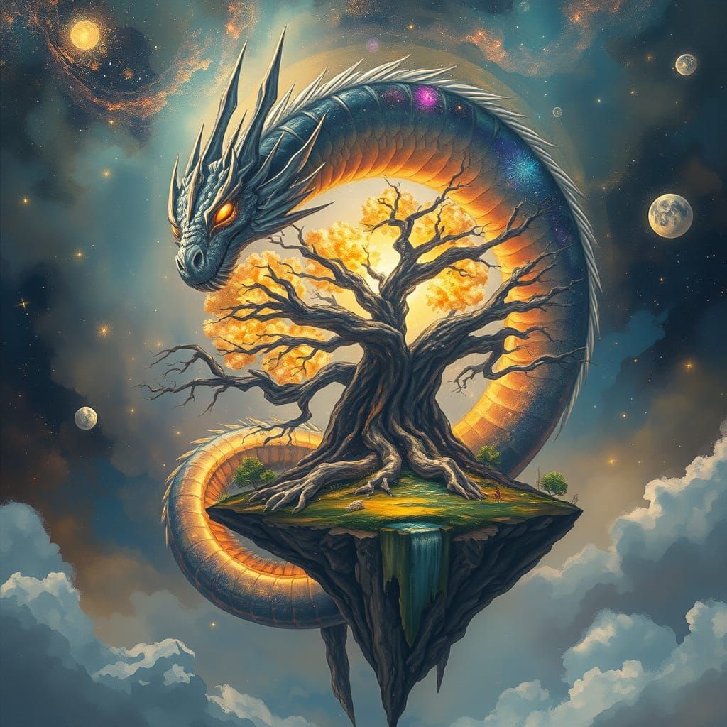 Celestial Dragon Around Ancient Tree on Floating Island