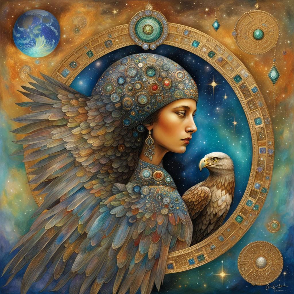 Eagle-Woman in Bejeweled Galactic Oasis, Klimt Style