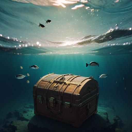 Underwater Treasure Chest with Jewels and Fish