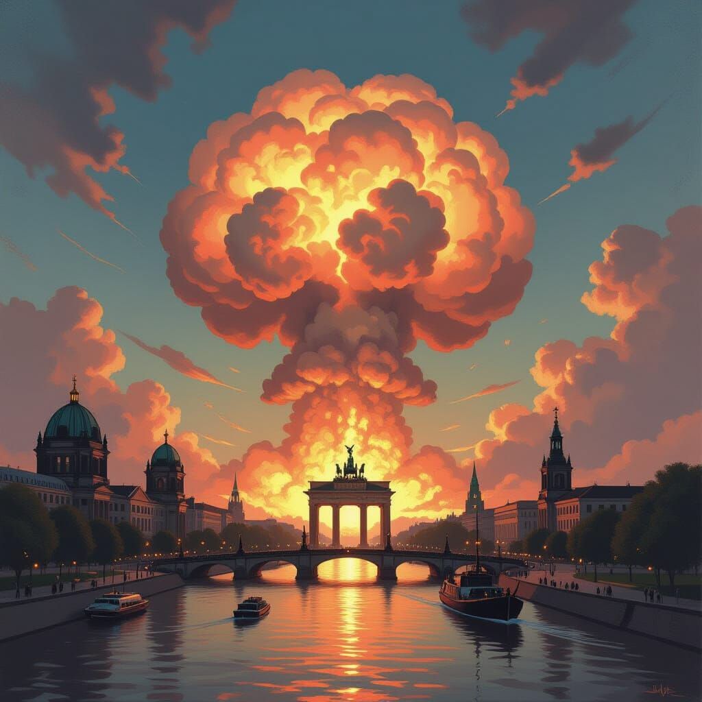 Mushroom Cloud Over Berlin In Epic Painting Style