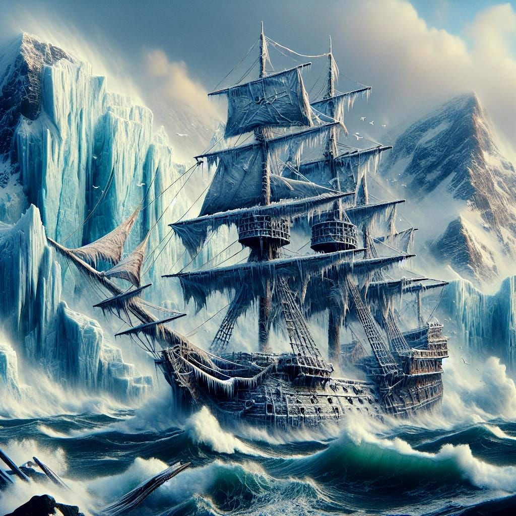 Pirate Ship Surviving Arctic Storm in Oil Painting Style