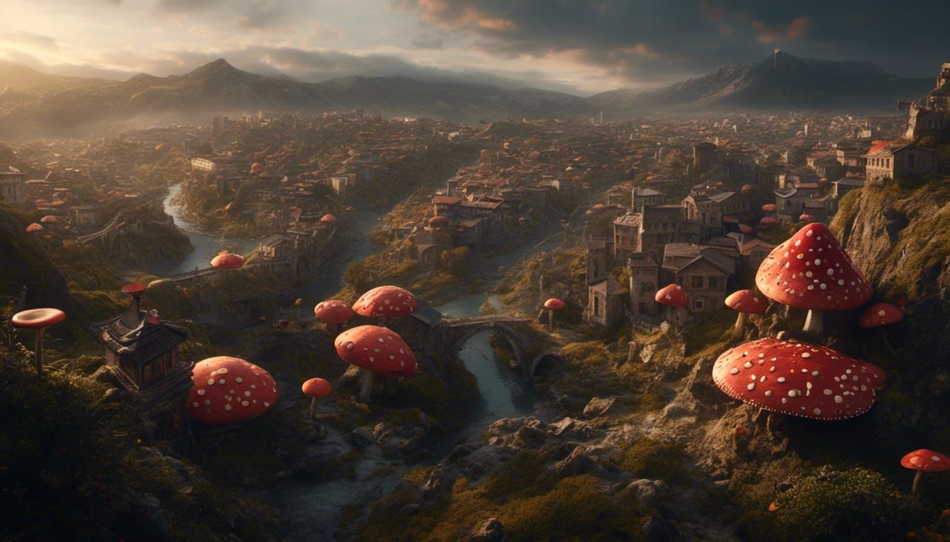 Mushroom Buildings in Tbilisi-Inspired Town: Digital Matte P...