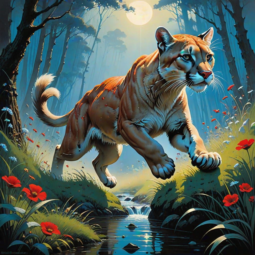 Cougar Leaping in Grass: Mixed-Media Digital Collage