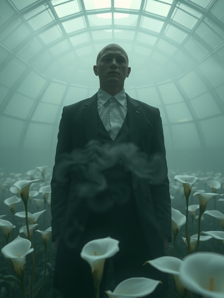 Eerie Elegance: Man in Dome of Calla Lilies