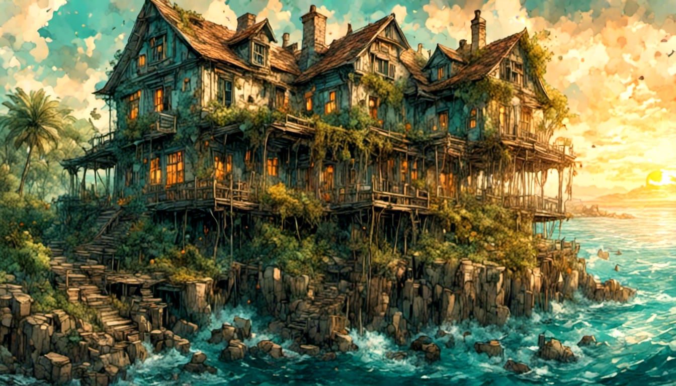 Rickety House on Island in Golden Light