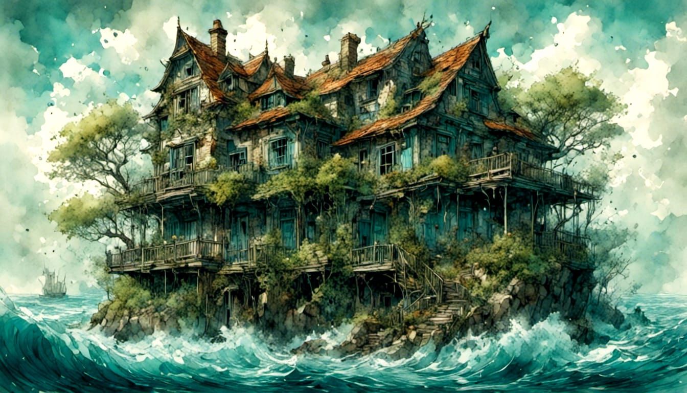 Fantasy Art: Rickety House on Island in Turbulent Sea