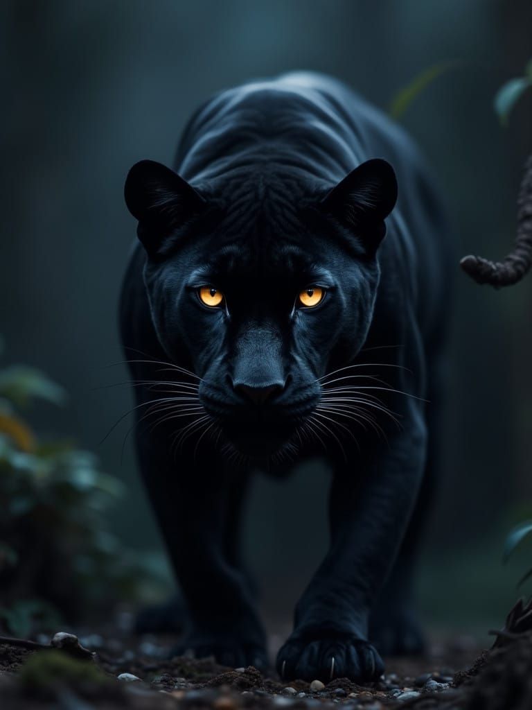 Sleek Black Jaguar Emerges in Dark, Golden Eyes Glow
