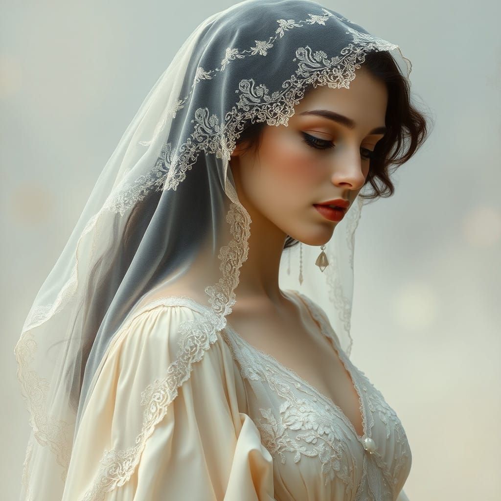 Ethereal Lady in Ivory Gown with Delicate Raindrop Veil