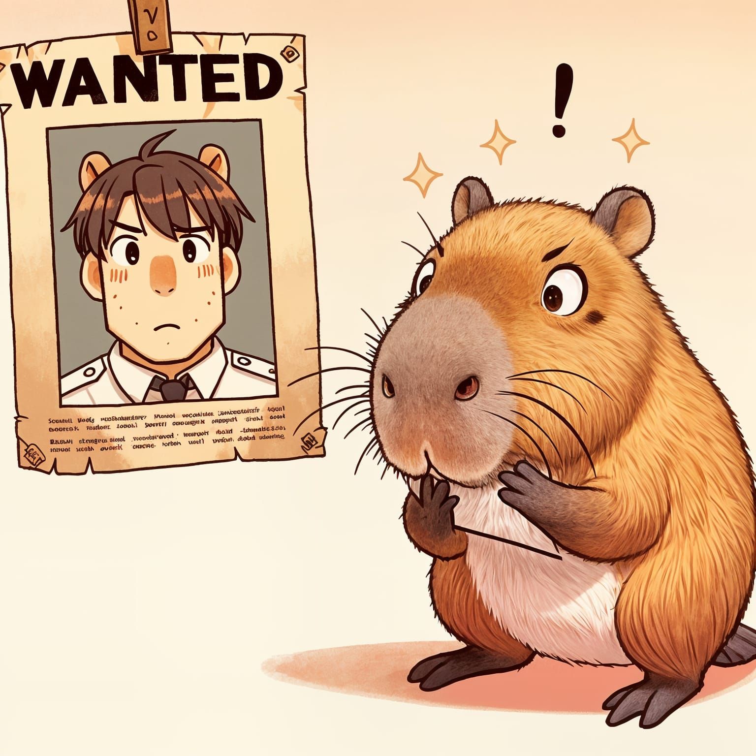 Surprised Capybara Gazing at Wanted Poster