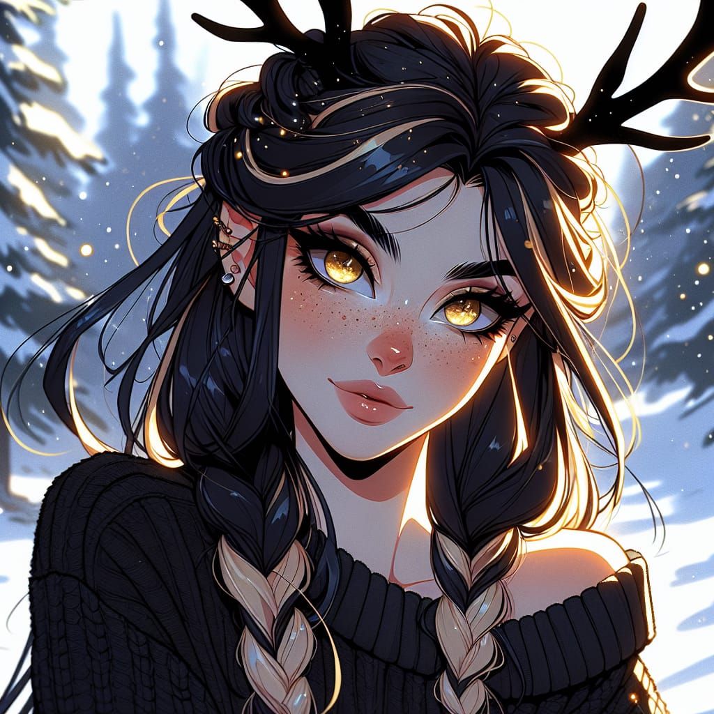 Golden-Eyed Woman with Antlers in Comic Style