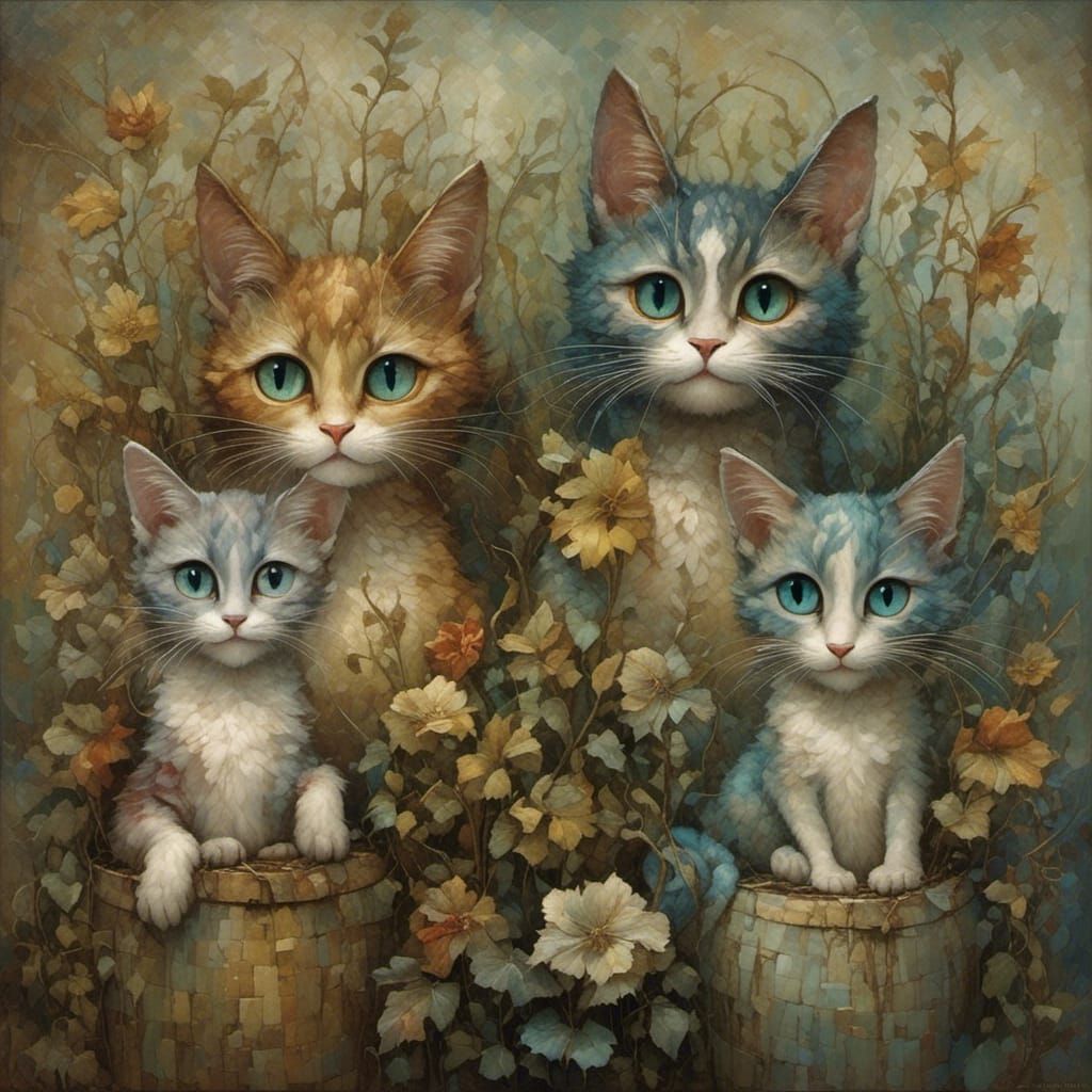Three Cats Portrait in Art Brut Style