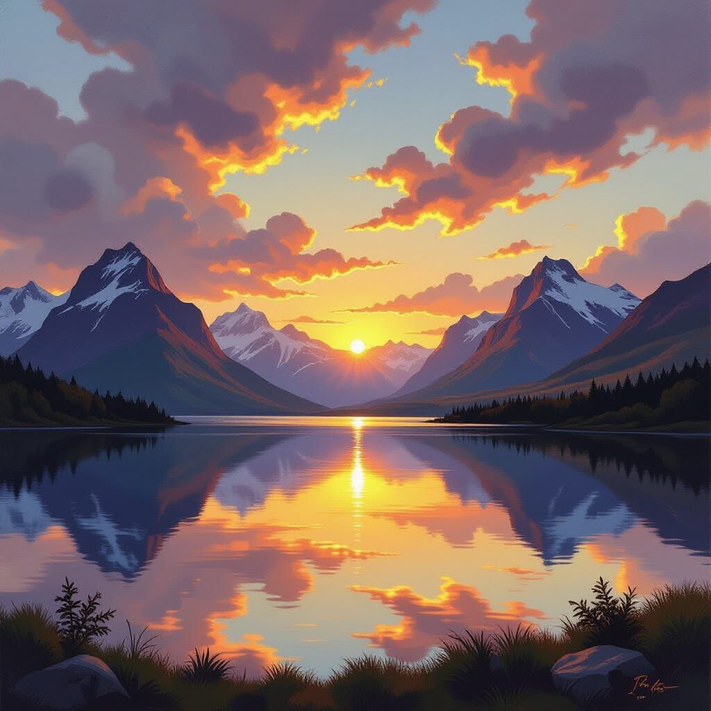 Dramatic Mountain Landscape with Golden Hour Sky Painting