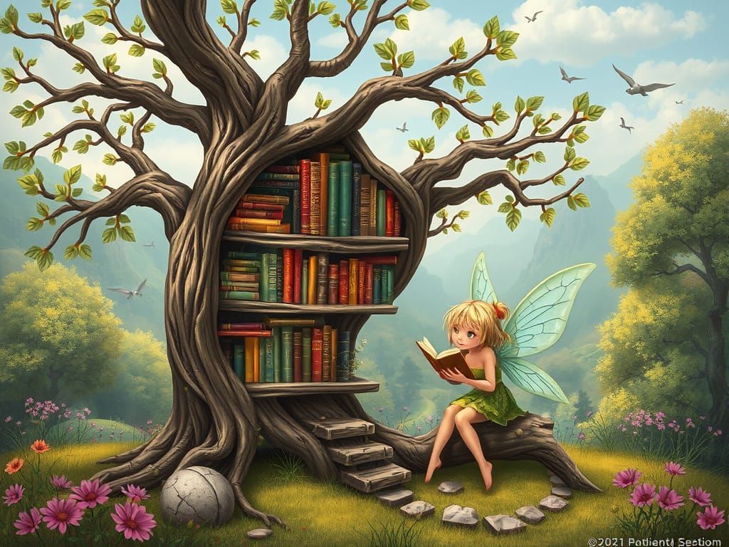 Whimsical Fantasy Library in a Tree