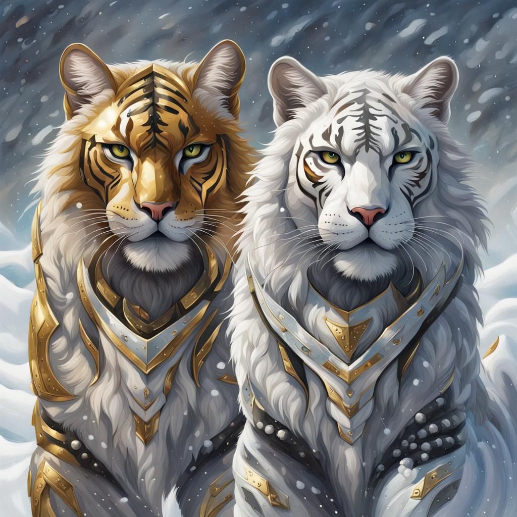 Armored Winged Tigers in Snowy Landscape