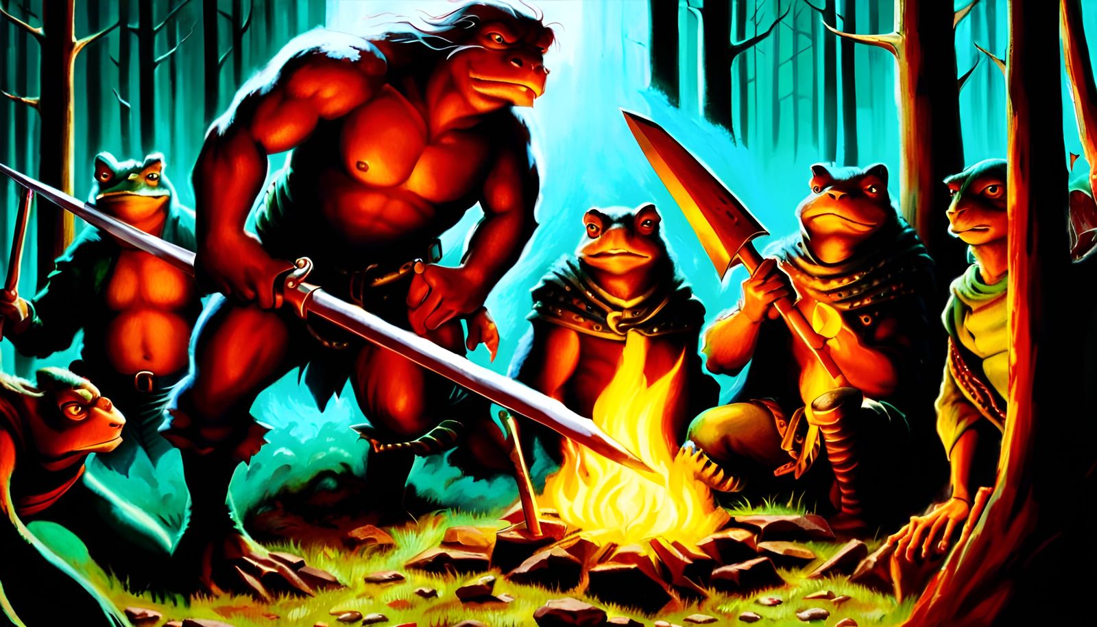 Hyperdetailed Frog Warriors Guarding Campfire