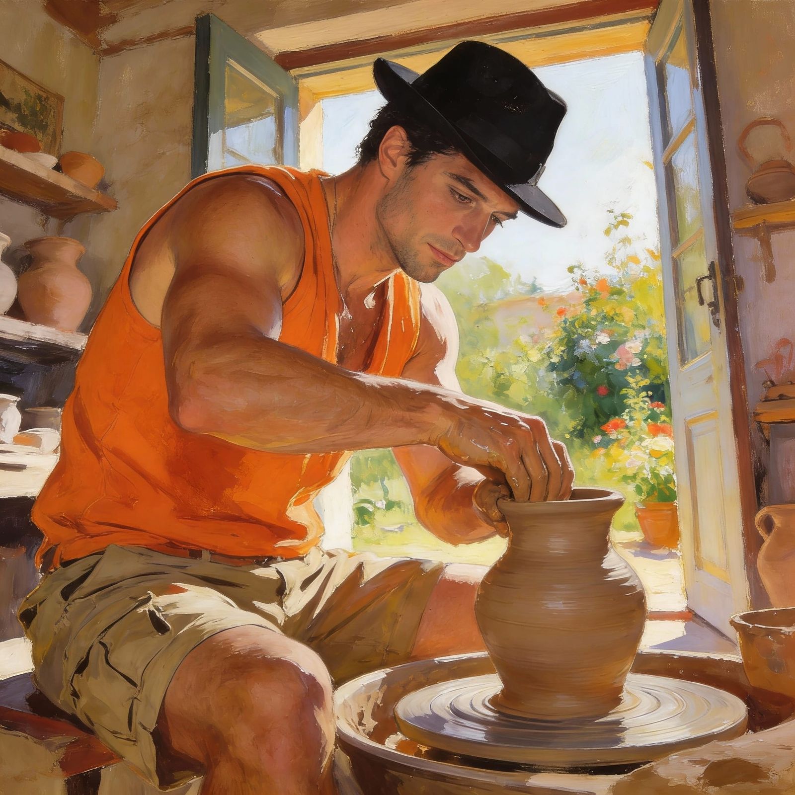 Man Crafting Pottery in Luminous Garden Studio