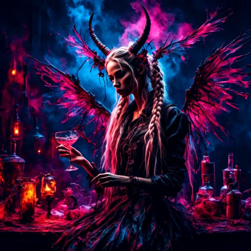 Gothic Demon in Punk Bar with Vodka