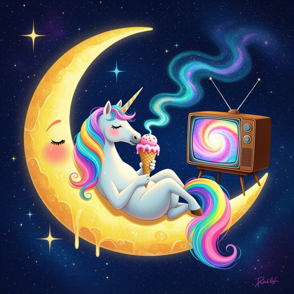 Unicorn on Moon Eats Ice Cream Watching Cosmic TV