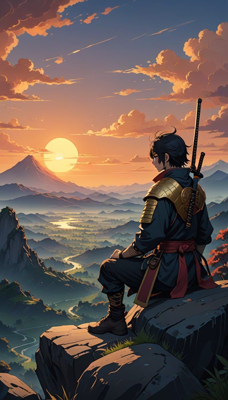 Surreal Anime Warrior Basks in Sunset's Golden Glow