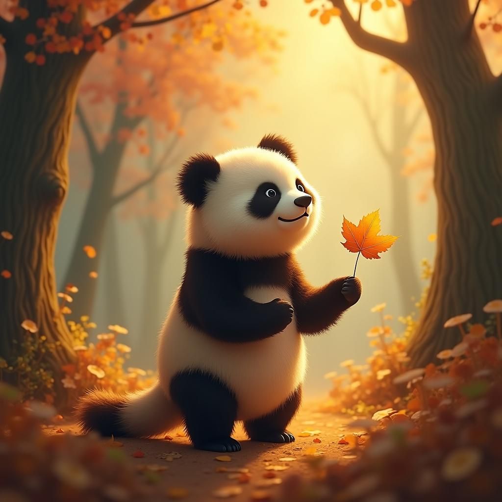 Panda in Sunlit Autumn Forest, Concept Art