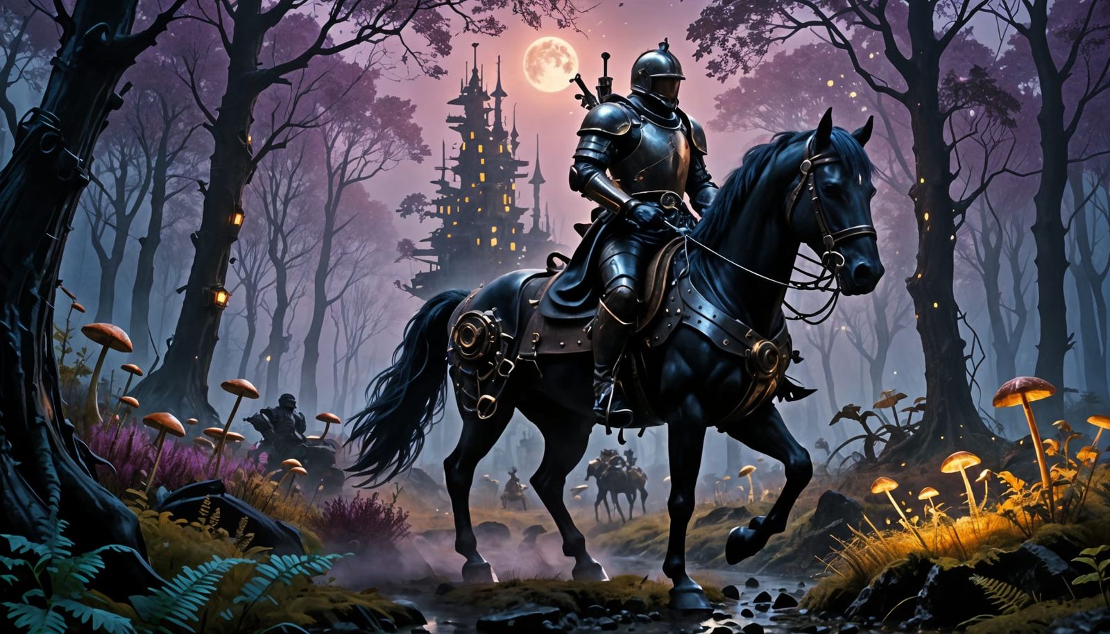 Steampunk Knight Rides Through Bioluminescent Forest