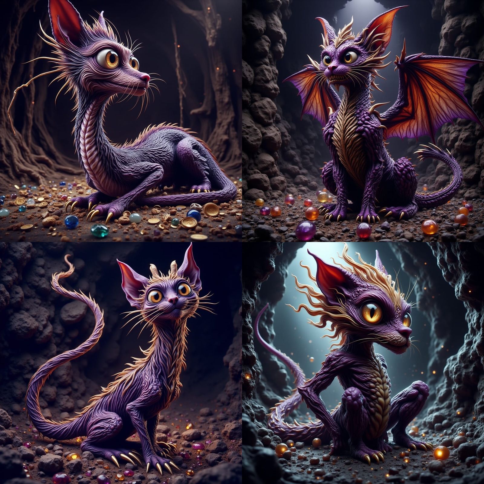 Ethereal Cat Dragon Guards Treasures in a Cave