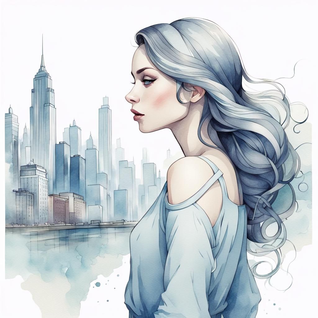 Minimalist Line Art of Woman in Cityscape