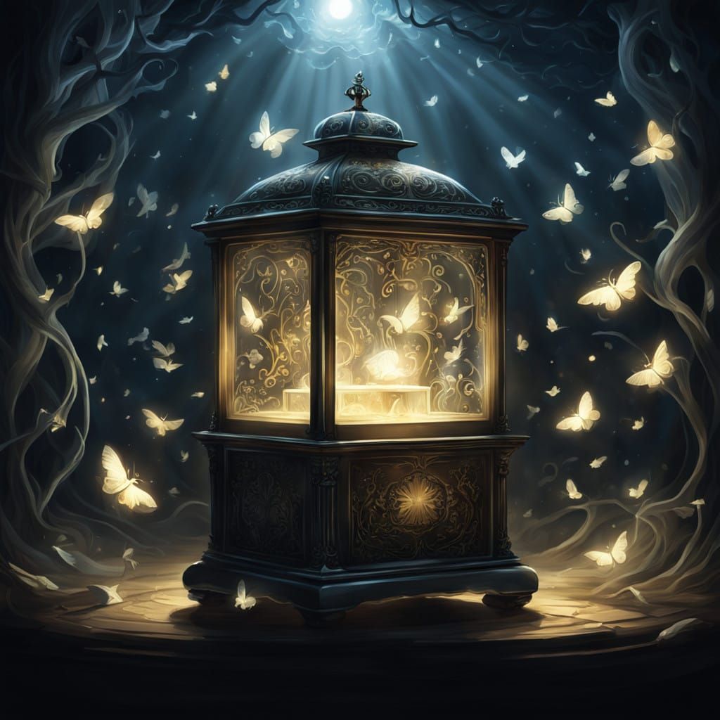 Ethereal Music Box Illuminated by Ghostly Hands in the Dark