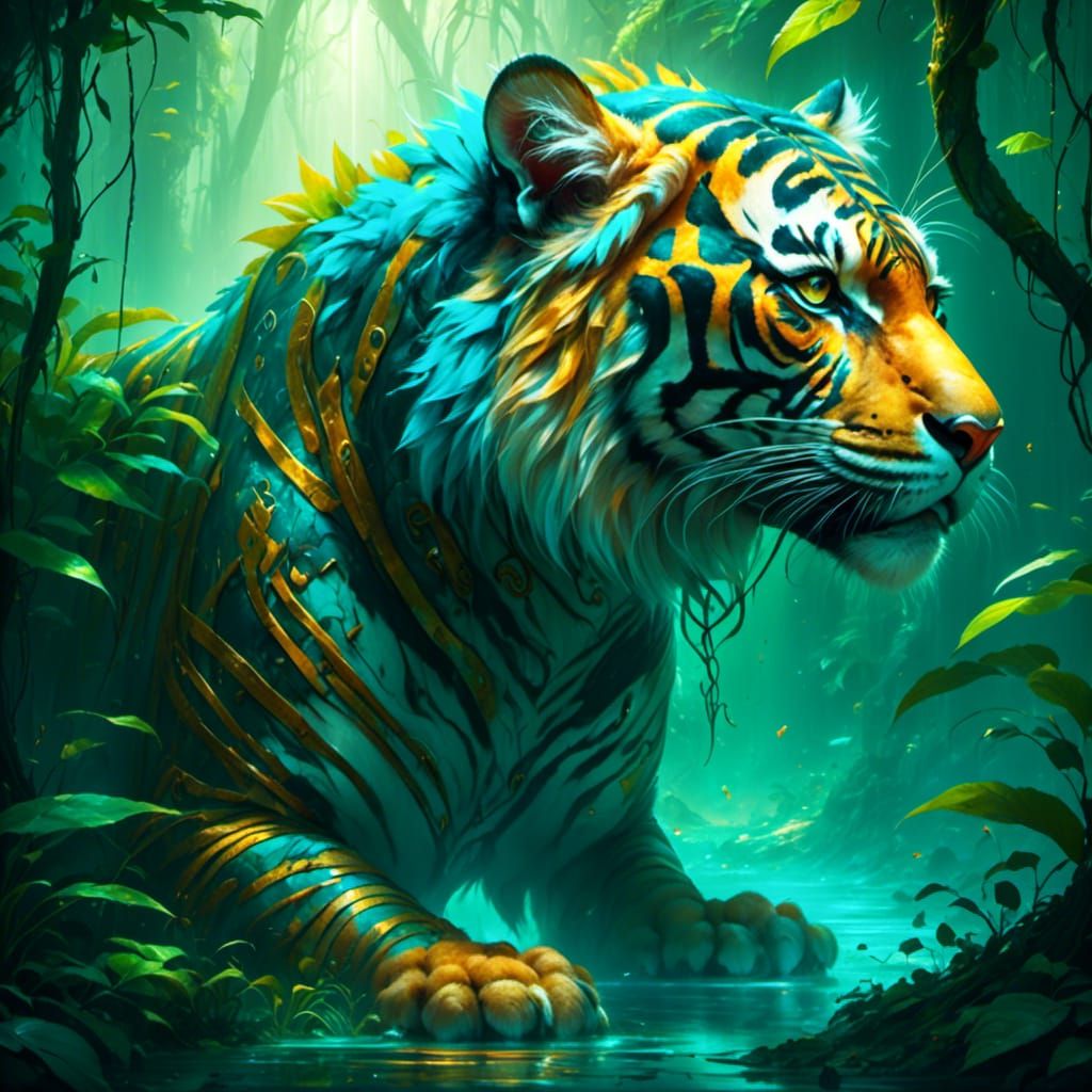 Dragon Tiger Fusion in Jungle with Glowing Runes