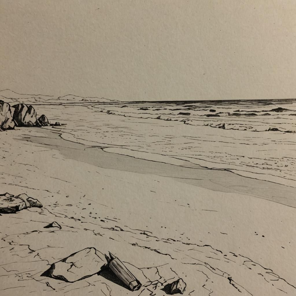 Minimalist Beach Scene Pencil Sketch