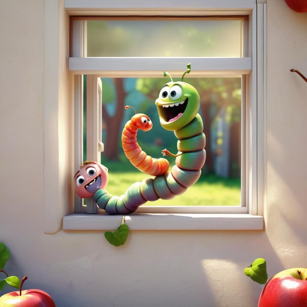 In bright realistic colors: "A smiling cartoon worm with swe...
