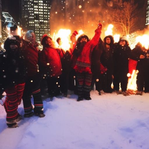Christmas Fire Party with Angels in Snowy New York