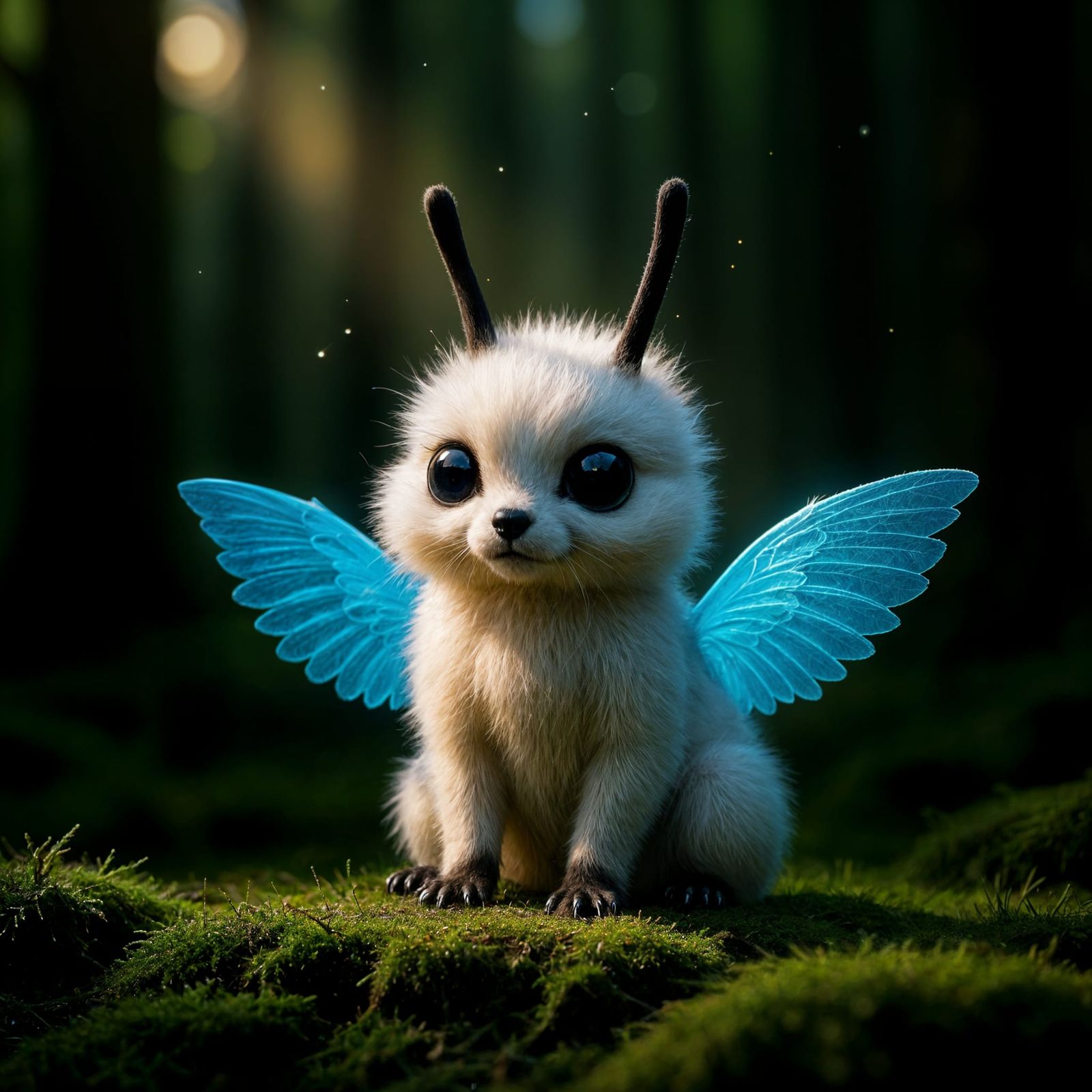 Fluffy Creature with Glowing Wings in Enchanted Forest