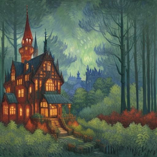 Enchanted Forest Castle: Van Gogh Style Watercolor