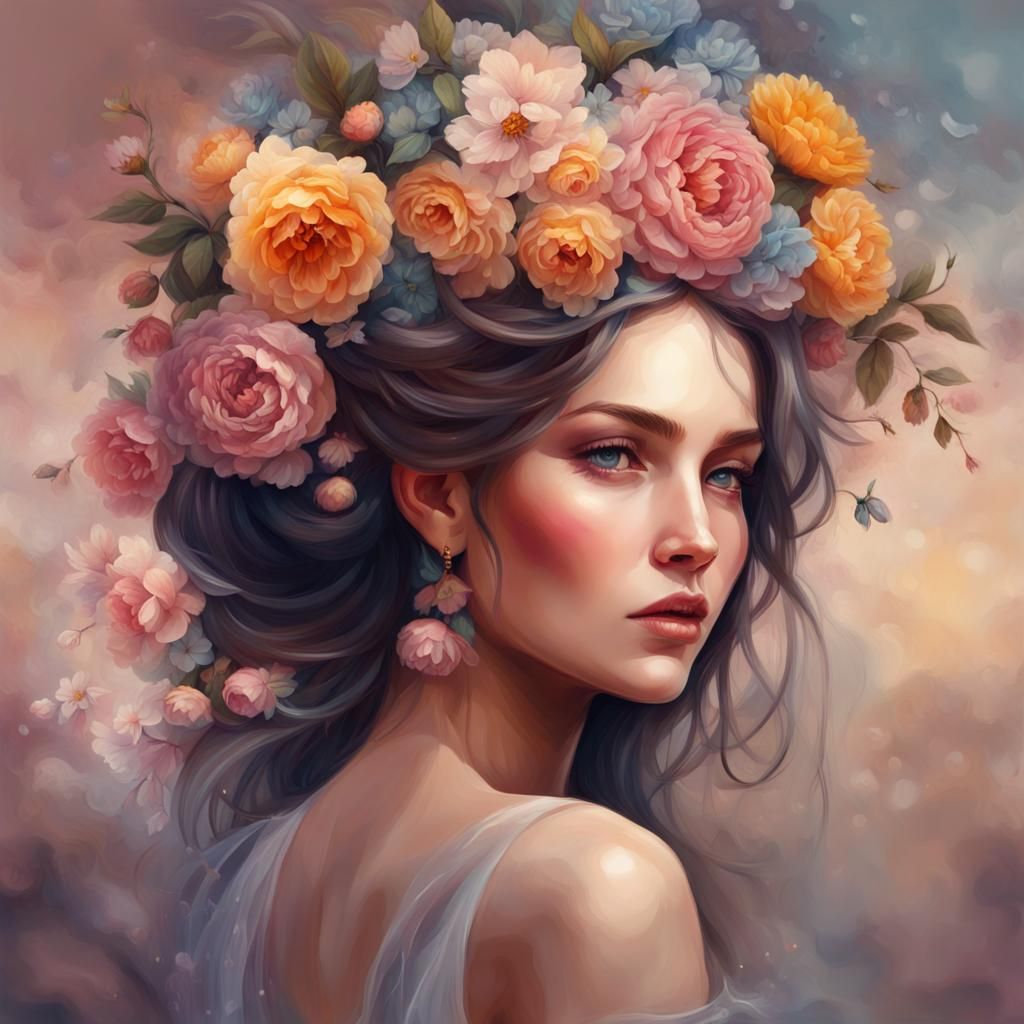 Woman with Flowers: Digital Fantasy Art Portrait