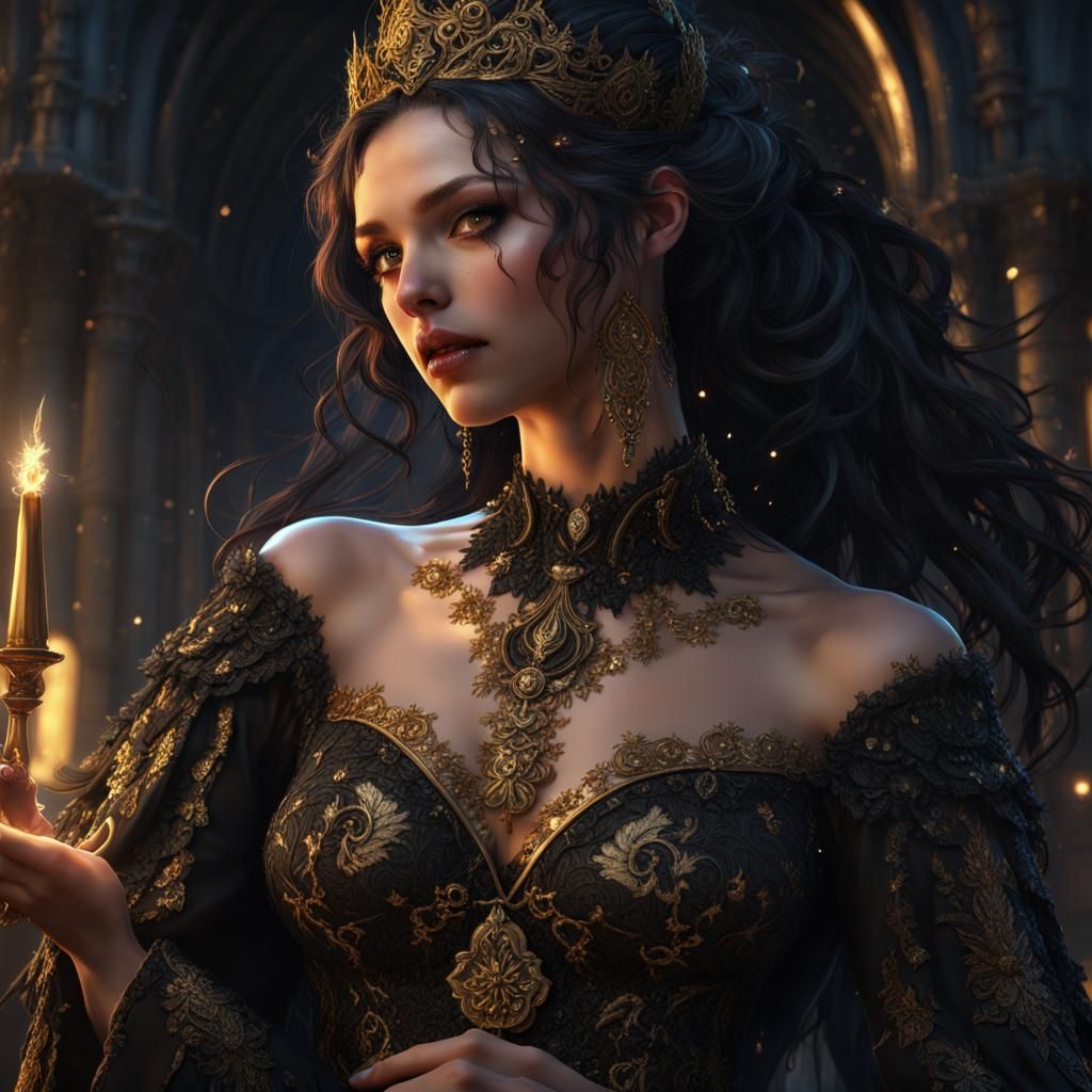Gothic Princess with Black Petals: Detailed Fantasy Art