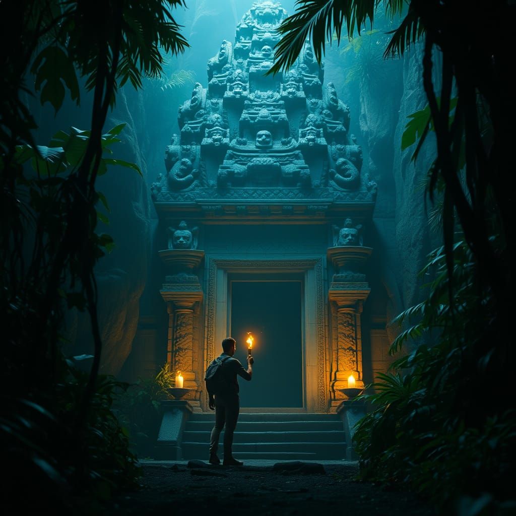 Explorer at Jungle Temple Entrance: Cinematic Film Still