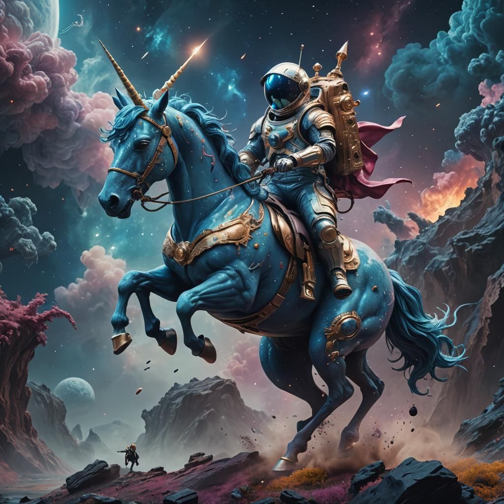 Astronaut and Blue Unicorn in Abstract Style