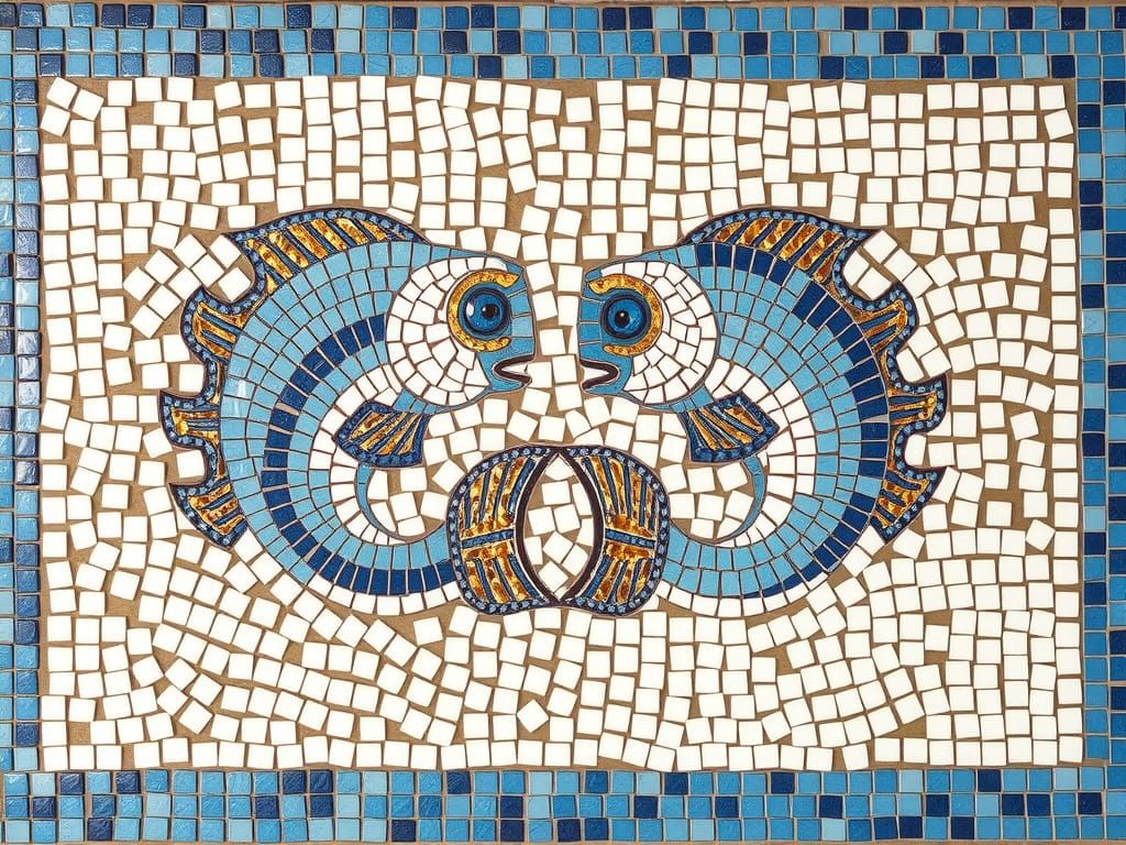 Ancient Greek Mosaic of Two Fishes in Blue and Gold
