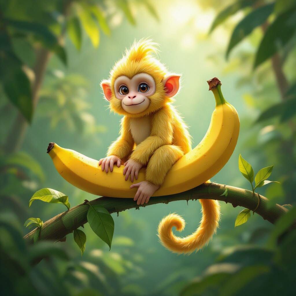 Whimsical Monkey-Banana Hybrid Perched on Jungle Branch