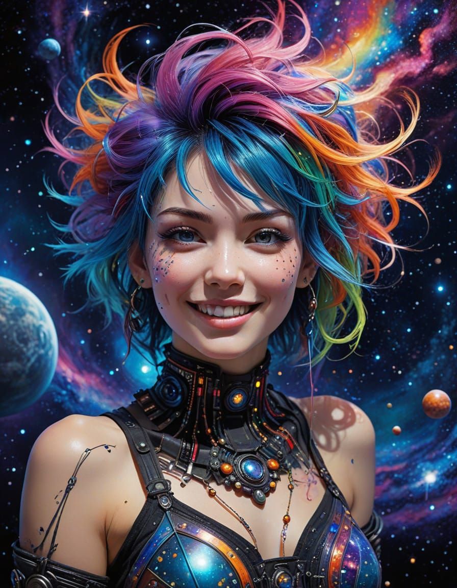 Celestial Punk Goddess Radiates Joy Among Vibrant Planets