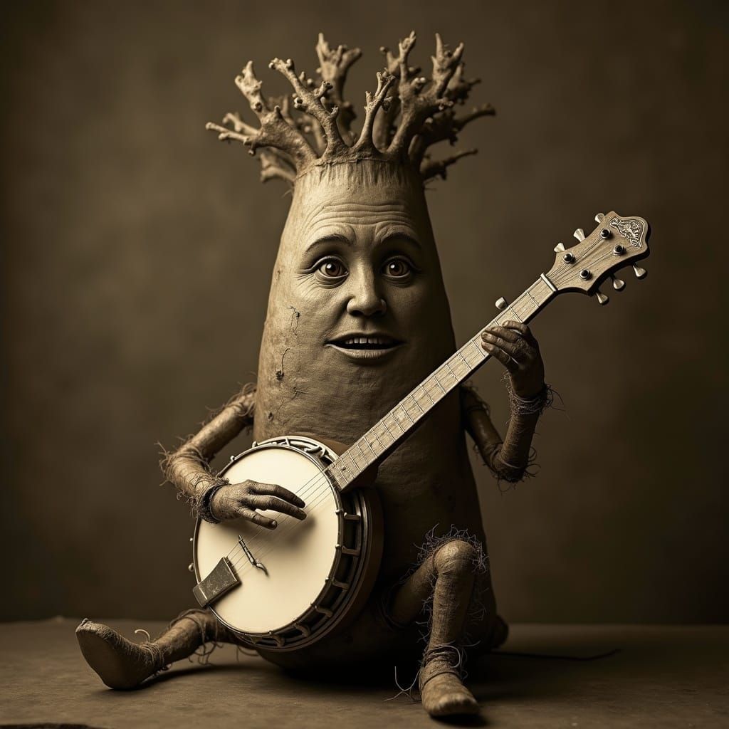 Root Vegetable Musician in Vintage Sepia Photo