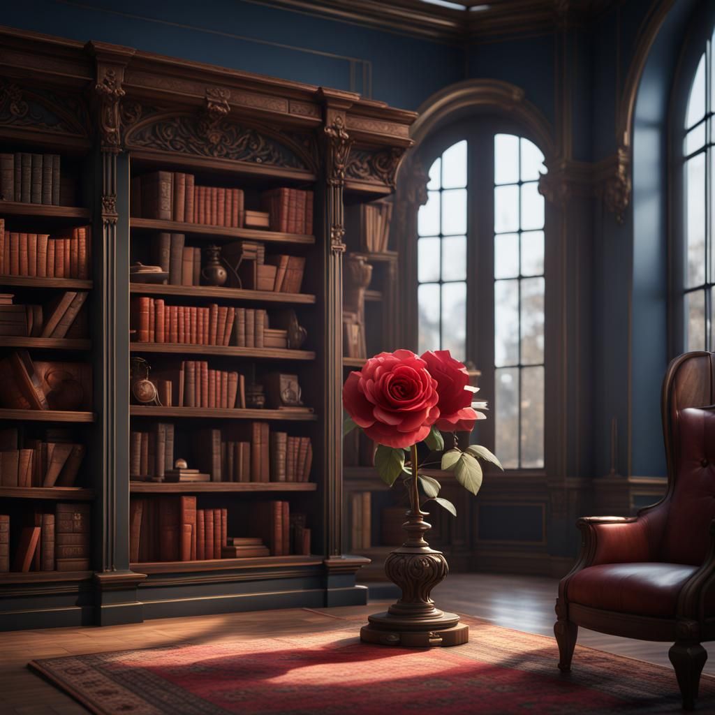 Bookcase with Rose: Detailed Matte Painting