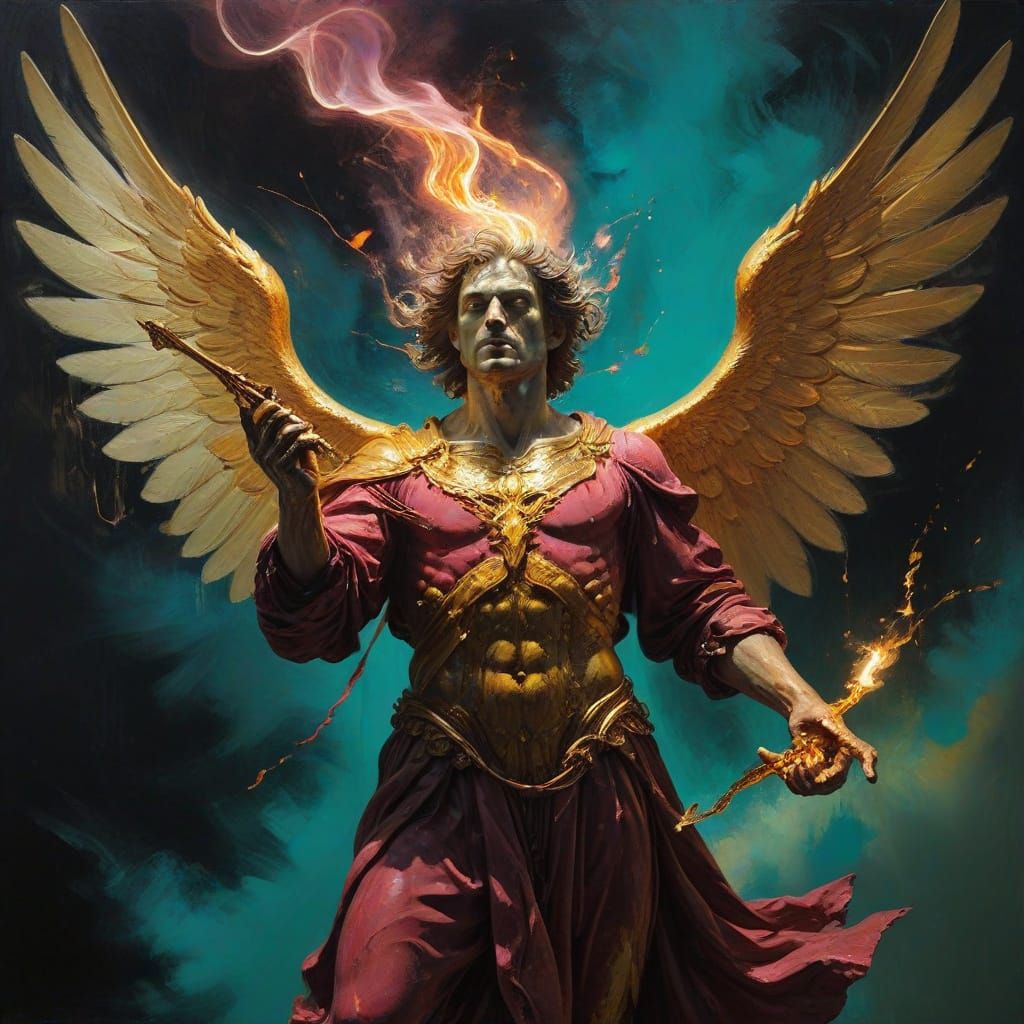 Hyperrealistic Impasto Painting of Angelic Guardian in Parad...