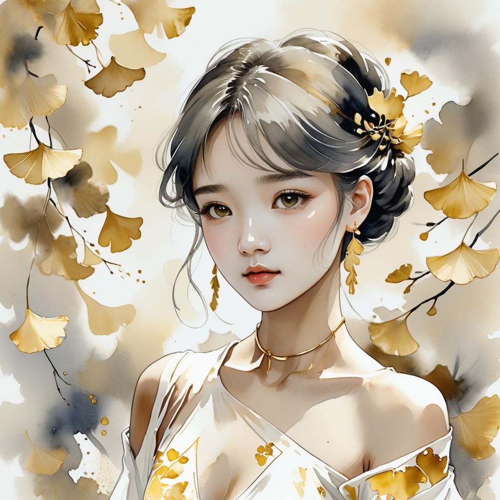 Girl with Ginkgo Leaves: Monochromatic Watercolor Art