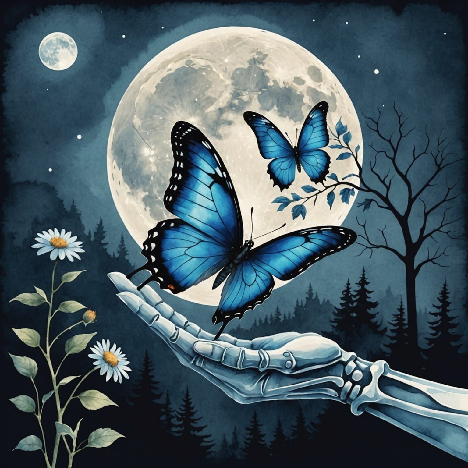 Skeletal Hand Holding Butterfly, Watercolor Style