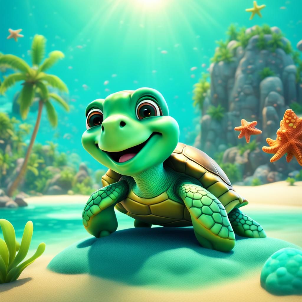 Smiling Green Turtle on Island: Pixar Style