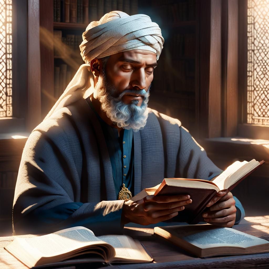 Medieval Arabic Scholar Reading in Sunlight, Detailed Portra...