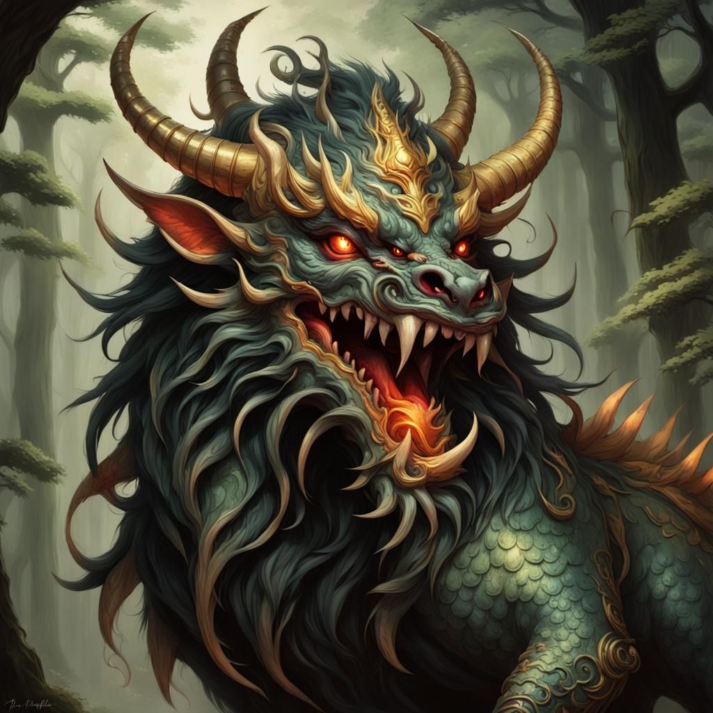 Sinister Qilin in Dark Forest, Ralph Horsley Style