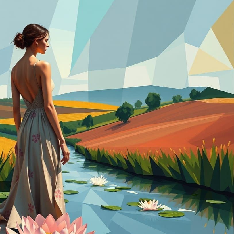 Woman on Water Lily in Abstract Rural Landscape